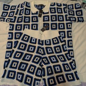 NWT Blue Men Geometric Knit Collared Set